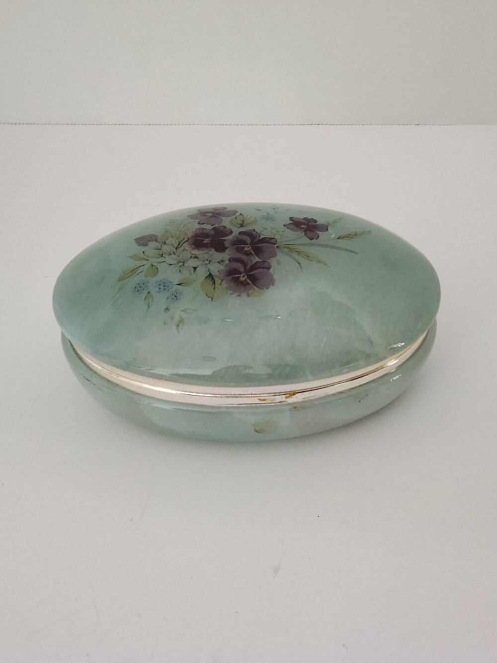 Vintage MCM Italian Hand Carved Alabaster Oval Trinket Box With Floral Design
